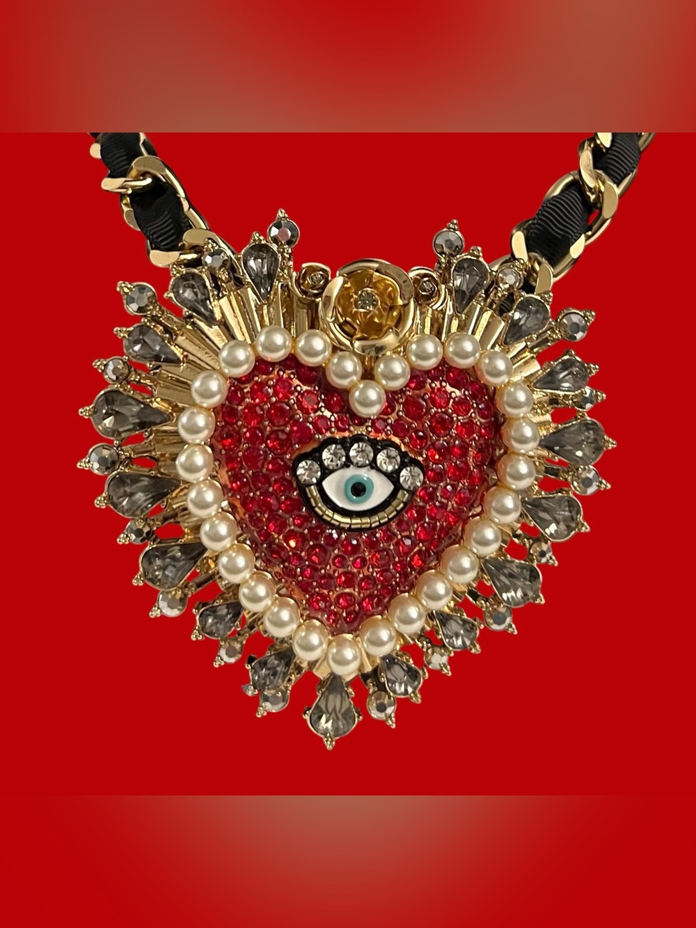 Betsey Johnson Red Crystal Evil Eye Heart Statement Necklace with Pearl Trim - Picture 6 of 16